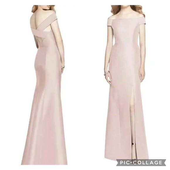Alfred Sung NWT D751 Off Shoulder Cross Back Satin Prom Gown, Cameo Pink Size 0 - Picture 1 of 8